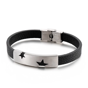 Men's leather bracelet with stainless steel tubes and star cutout in silver and black
