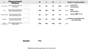 Size chart and fabric details for faux suede sherpa vest showing XS-L measurements