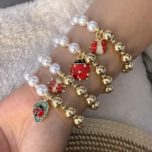 Fashion Beaded Bracelet Faux Artificial Pearl Copper Enamel Ladybug Charm Rhinestone Cute Jewelry For Women Accessory