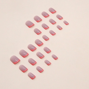 Short square Barbie pink French tip press-on nails set with 24 pieces in bright summer style