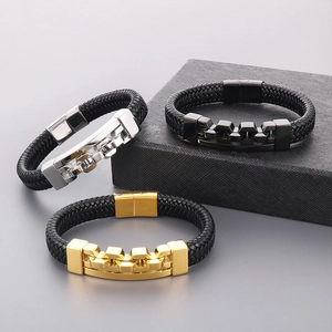 Detailed macro view of men's woven leather bracelets with metallic buckle in three finishes