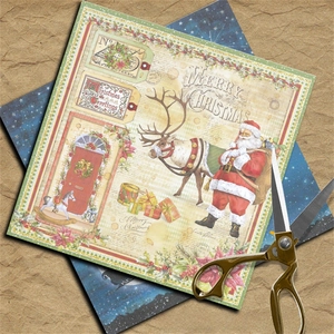 Close-up of vintage Christmas scrapbook paper with Santa Claus and reindeer illustrations