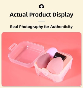 Makeup sponge set featuring mushroom head and teardrop sponges in a clear storage box