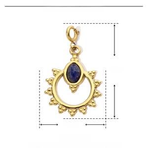 Macro detail of gold stainless steel heart pendant with blue natural stone dimensions