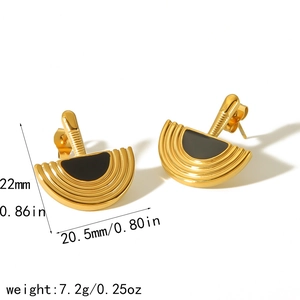 Golden semicircular fan-shaped titanium steel earrings with black enamel and 18k plating