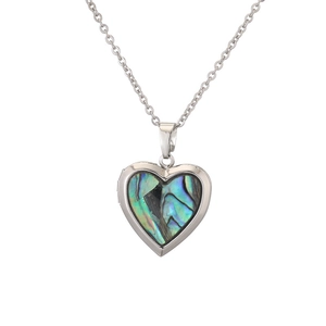 Vintage heart locket necklace with iridescent natural abalone shell in silver metal