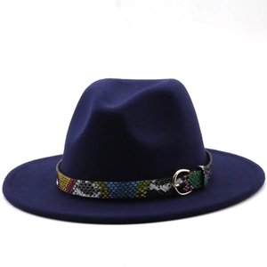 Detail of navy blue fedora hat featuring a python pattern leather belt and gold buckle