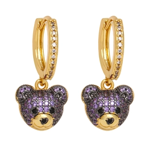 Fashionable gold-plated hoop earrings with micro-pave purple and black bear pendants