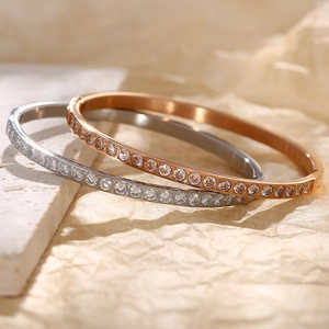 Stainless Steel Bangle Bracelet For Women With Cubic Zirconia Pave Hinge Clasp Luxury Polished Jewelry