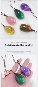 Polished teardrop natural crystal pendants with handmade woven brown cords