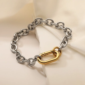 Stainless Steel Chain Bracelet With 18K Gold Plated Two-Tone Oval Carabiner Screw Clasp Minimalist Jewelry For Women