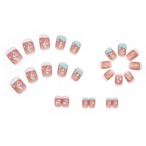 Short square press-on nails with pink blush base and colorful hand-painted hearts and stars