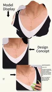 Detail of elegant 18k gold plated Y-shaped pearl necklace on model in a collage view