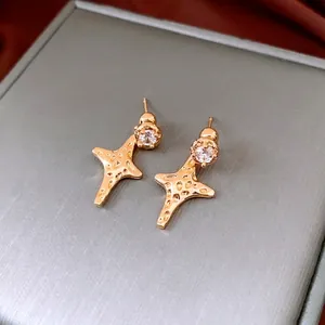 Star Drop Earrings Hammered Texture Copper Zircon With Silver Earring Post 18K Gold Plated Luxury Fashion For Women