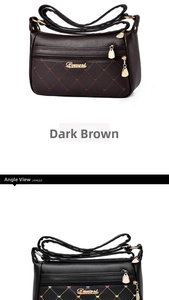 Detail view of heart embroidery and quilted leather texture on dark brown women's crossbody bag