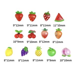 Detailed chart showing sizes for cute resin fruit charms like strawberry and cherry
