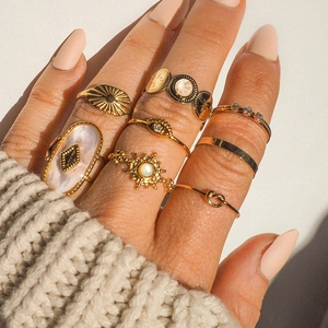 Close-up of 18k gold plated stainless steel ring set with shell and pearl details