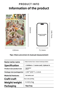 Size comparison of PET 2.5D scenery stickers and a white card against an iPhone 14