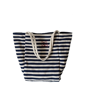 2025 Large striped canvas tote bag for women featuring red puppy embroidery and shoulder straps