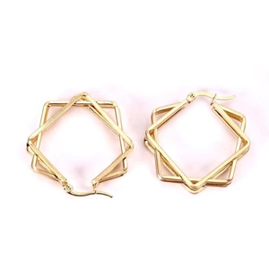 Macro shot of 18K gold plated stainless steel geometric multi-layer square hoop earrings