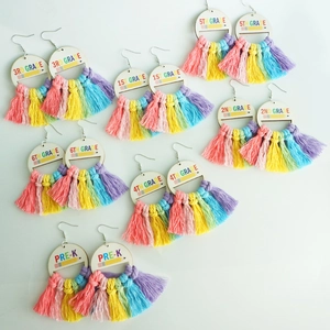 Rainbow tassel earrings with wooden pencil discs for teachers and students back to school