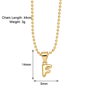 Detailed specs of the gold letter F pendant with 44cm chain length and 3g weight