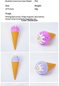 Macro shot of 15x5.5cm PVC ice cream cone models with colorful toppings and waffle texture