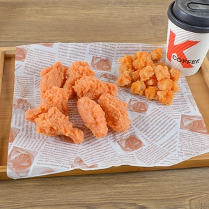 Realistic fried chicken wings and drumsticks models on wooden tray with K COFFEE cup