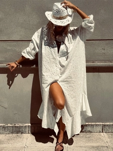 Eyelet Embroidery Cotton Long Shirt Dress Bohemian Button Up Ruffle Hem Long Sleeve White Vacation Style Women