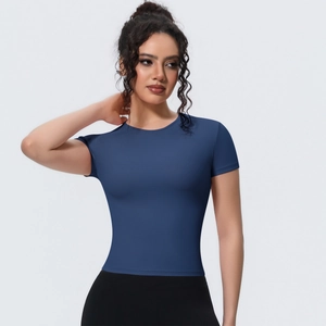 Close-up of a navy blue slim-fit athletic yoga T-shirt featuring a ribbed breathable fabric