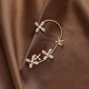 Flower Ear Wrap Clip On Earrings Gold Plated Alloy With Zircon And Imitation Artificial Pearl No Pierced Elegant Jewelry For Women