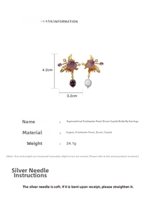 Detailed view of asymmetric butterfly earrings with dimensions 4.2x3.2cm and pearl tassel