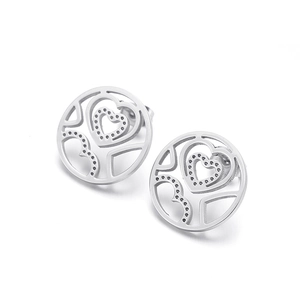 Minimalist silver heart hollow-out stainless steel stud earrings on white background