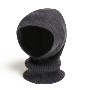 Detailed texture of dark grey knitted hooded scarf with soft thermal winter fabric