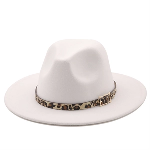 Detail of ivory wool fedora hat featuring leopard print band and gold buckle