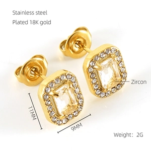 Detail of 18K gold plated stainless steel stud earrings with rectangular zircon stones