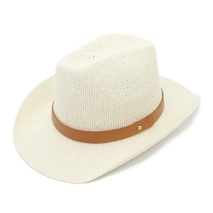 Chic beige knitted panama hat with a brown leather strap and gold metal rivet detail