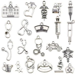 Silver alloy medical charms collection with stethoscope, syringe and ambulance icons