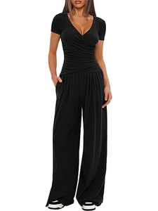Women's black V-neck short sleeve top and wide leg pants casual two-piece suit set