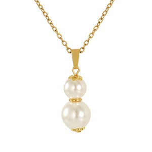 Detail shot of the gold gourd pendant featuring two white pearls on a titanium chain