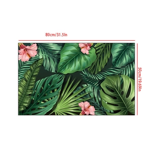 Absorbent diatomite bath mat with green tropical leaves and pink hibiscus flowers, 80x50cm