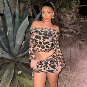 Sexy Leopard Print Mesh Long Sleeve Off Shoulder Crop Top And Drawstring Ruched Mini Skirt Women Streetwear Outfit