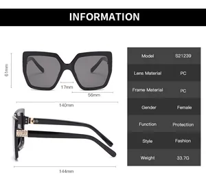 Detailed sizing chart for women's oversized cat eye sunglasses with rhinestone accents