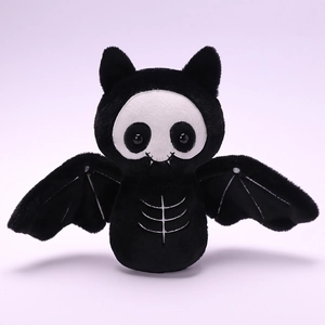 Gothic bat skeleton plush keychain toy with black faux fur and white bone pattern details