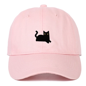 Casquette de baseball en coton rose avec broderie chat noir et design à six panneaux