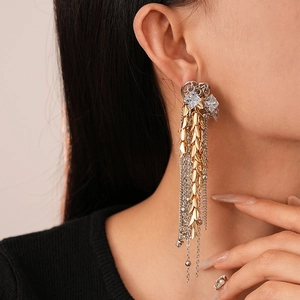 Elegant gold and silver tassels drop earrings with square cubic zirconia stones for women