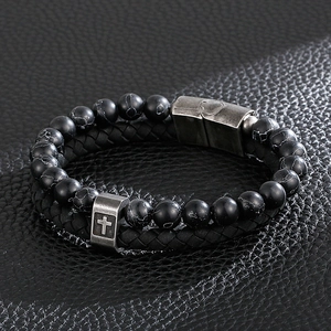 Men's retro black marble beads and woven leather cross bracelet with silver metal charms