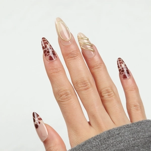 Leopard Print Press On Nails 3D Gold Wire Long Almond False Nails Nude Pink Chic Artificial Nails