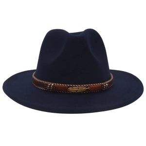 Detail of navy blue fedora hat with woven brown band and golden feather metal accent