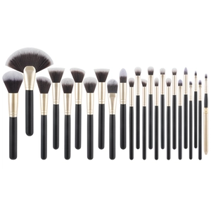 Professional 25-piece black and gold makeup brush set with matte handles and soft bristles
